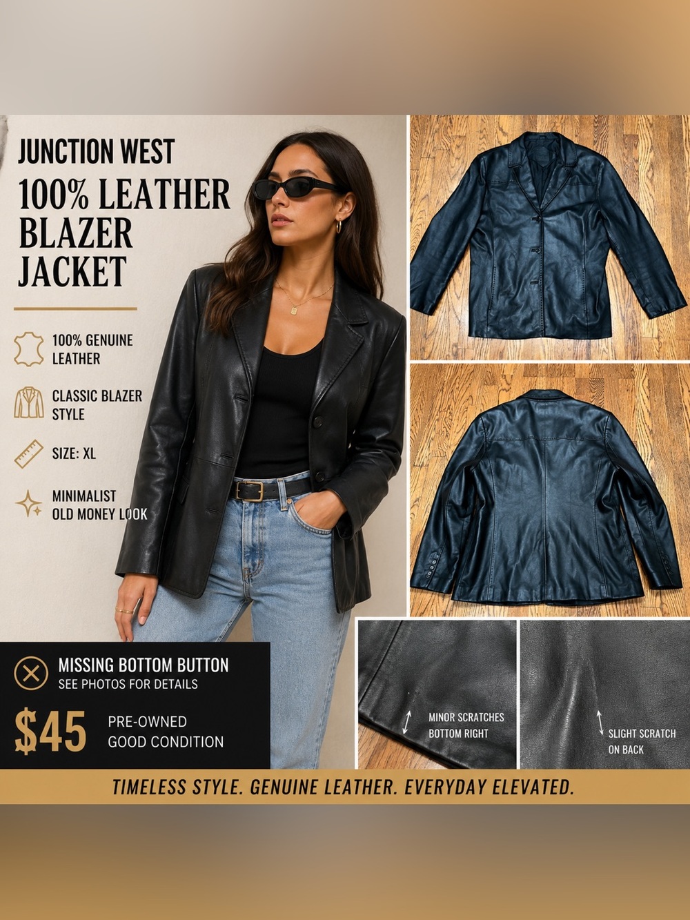 Junction West 100% Leather Blazer Jacket XL Black Button Front Minimalist Career